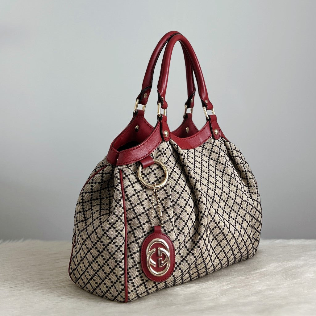 Gucci Signature Double G Maroon Leather Trim Shoulder Bag Excellent