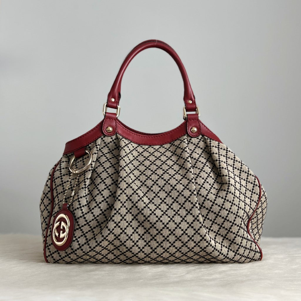 Gucci Signature Double G Maroon Leather Trim Shoulder Bag Excellent