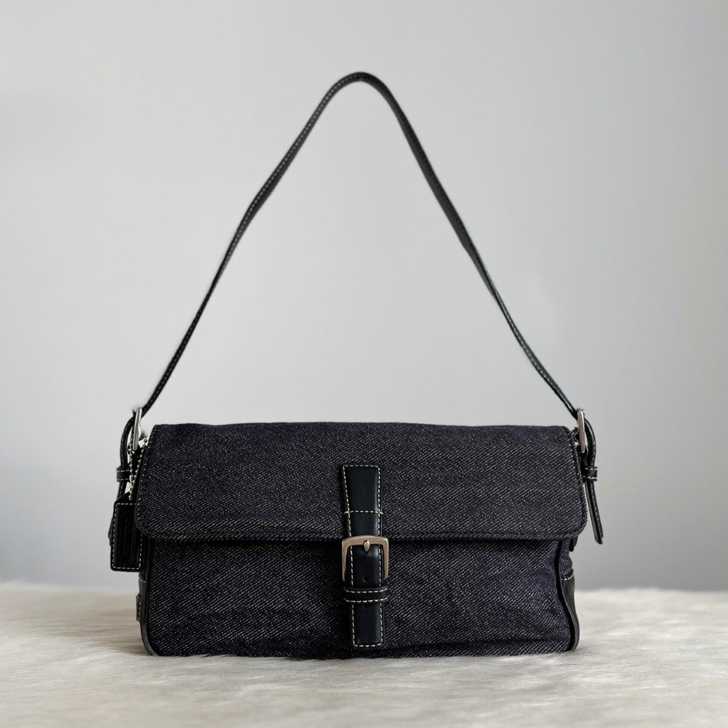 Coach Black Leather Denim Front Buckle Shoulder Bag