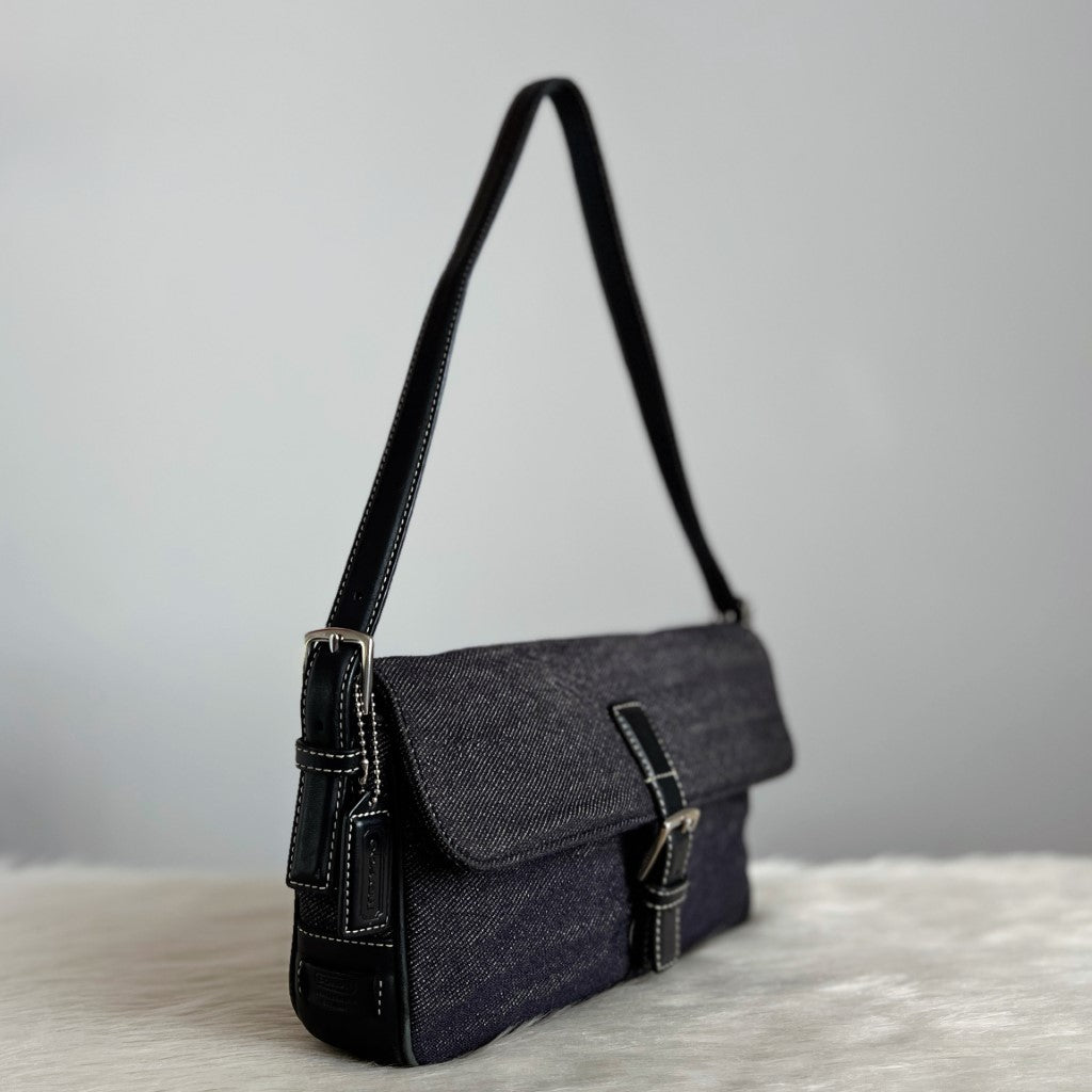 Coach Black Leather Denim Front Buckle Shoulder Bag