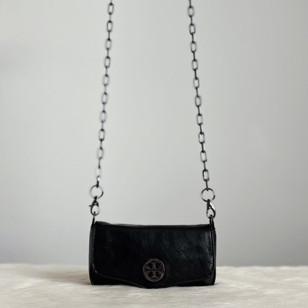 Tory Burch Patent Black Leather Front Logo Crossbody Shoulder Bag Excellent