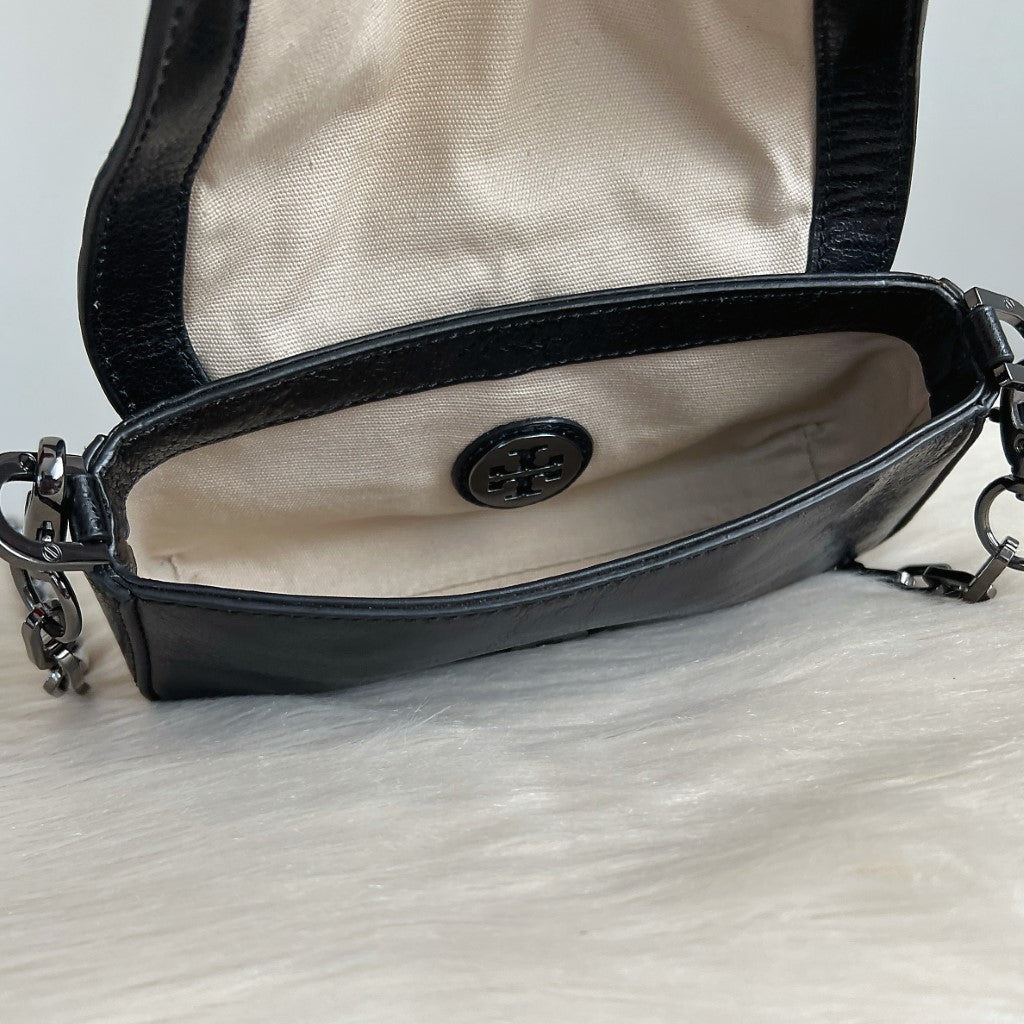 Tory Burch Patent Black Leather Front Logo Crossbody Shoulder Bag Excellent