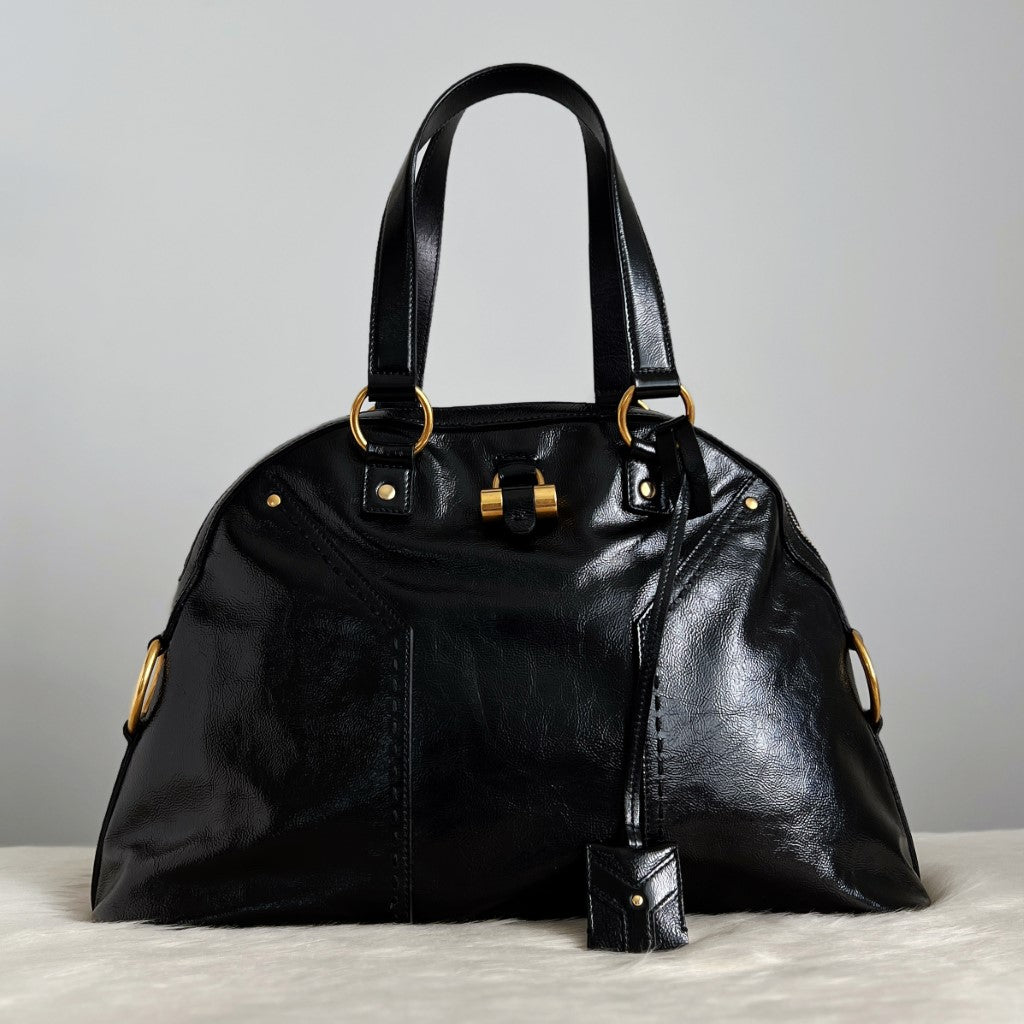 Saint Laurent YSL Patent Black Leather Iconic Muse Bag