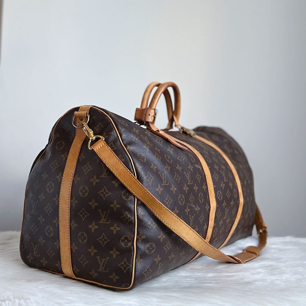 Louis Vuitton Signature Monogram Bandouliere Keepall 60 Travel Bag Full Set