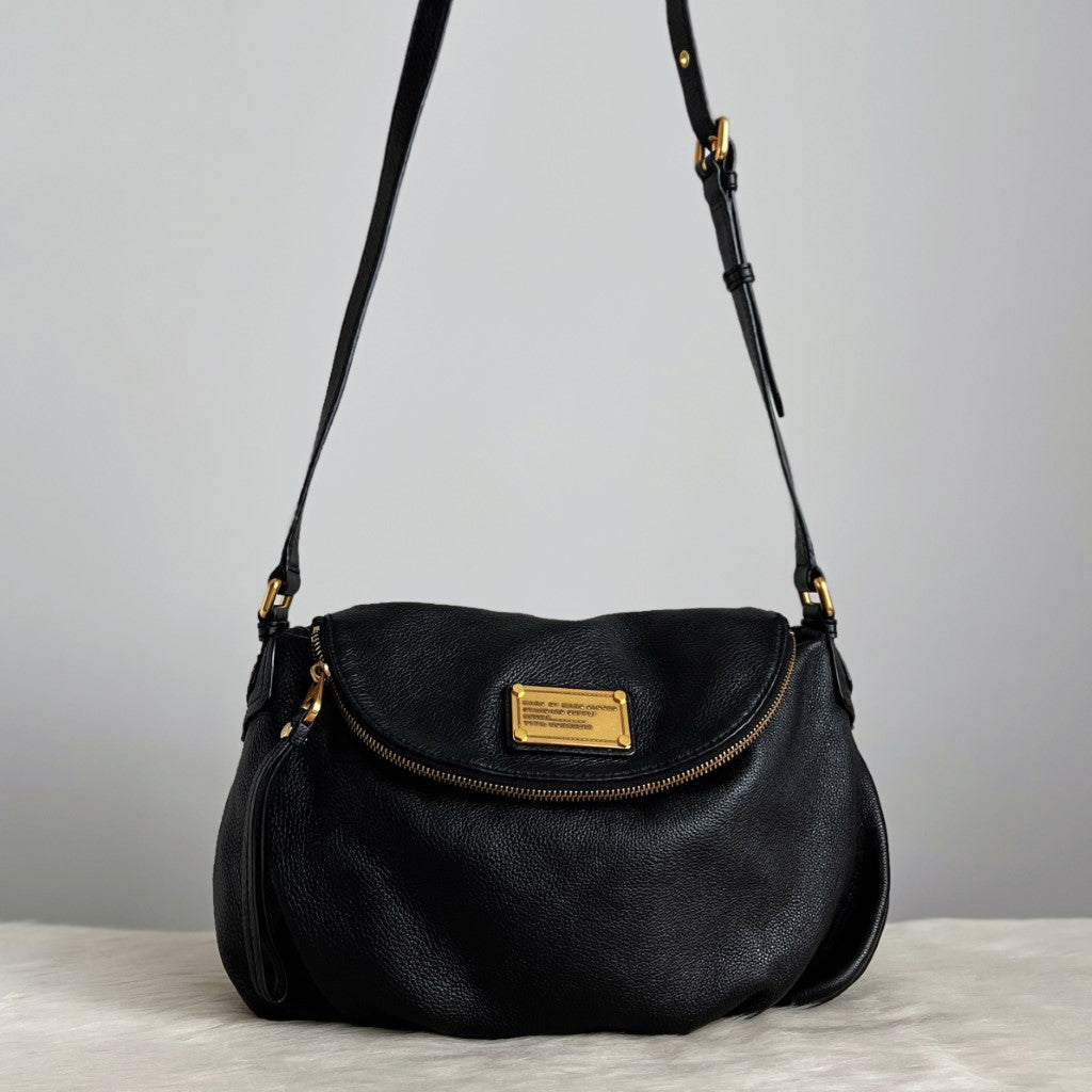 Marc Jacobs Black Leather Front Logo Zip Flap Crossbody Shoulder Bag