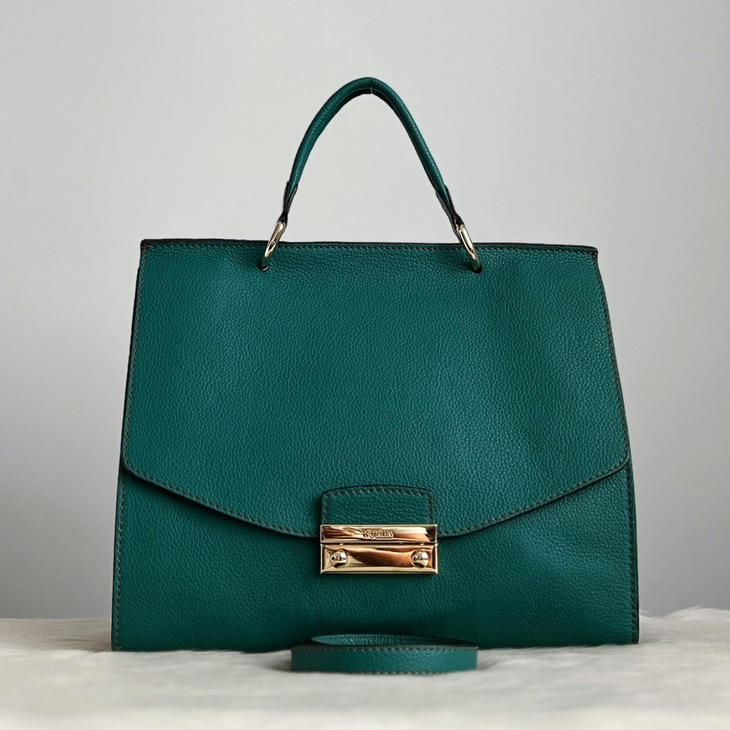 Furla Green Leather Flap Buckle Career 2 Way Shoulder Bag Excellent