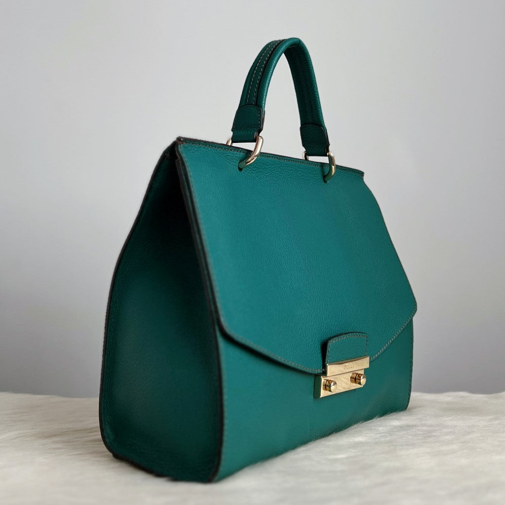 Furla Green Leather Flap Buckle Career 2 Way Shoulder Bag Excellent