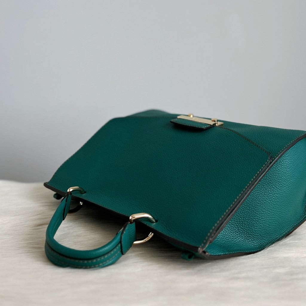 Furla Green Leather Flap Buckle Career 2 Way Shoulder Bag Excellent