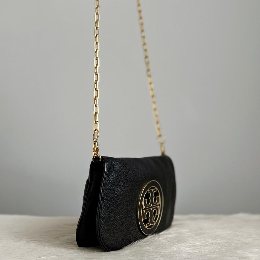 Tory Burch Black Leather Front Logo Crossbody Shoulder Bag Like New