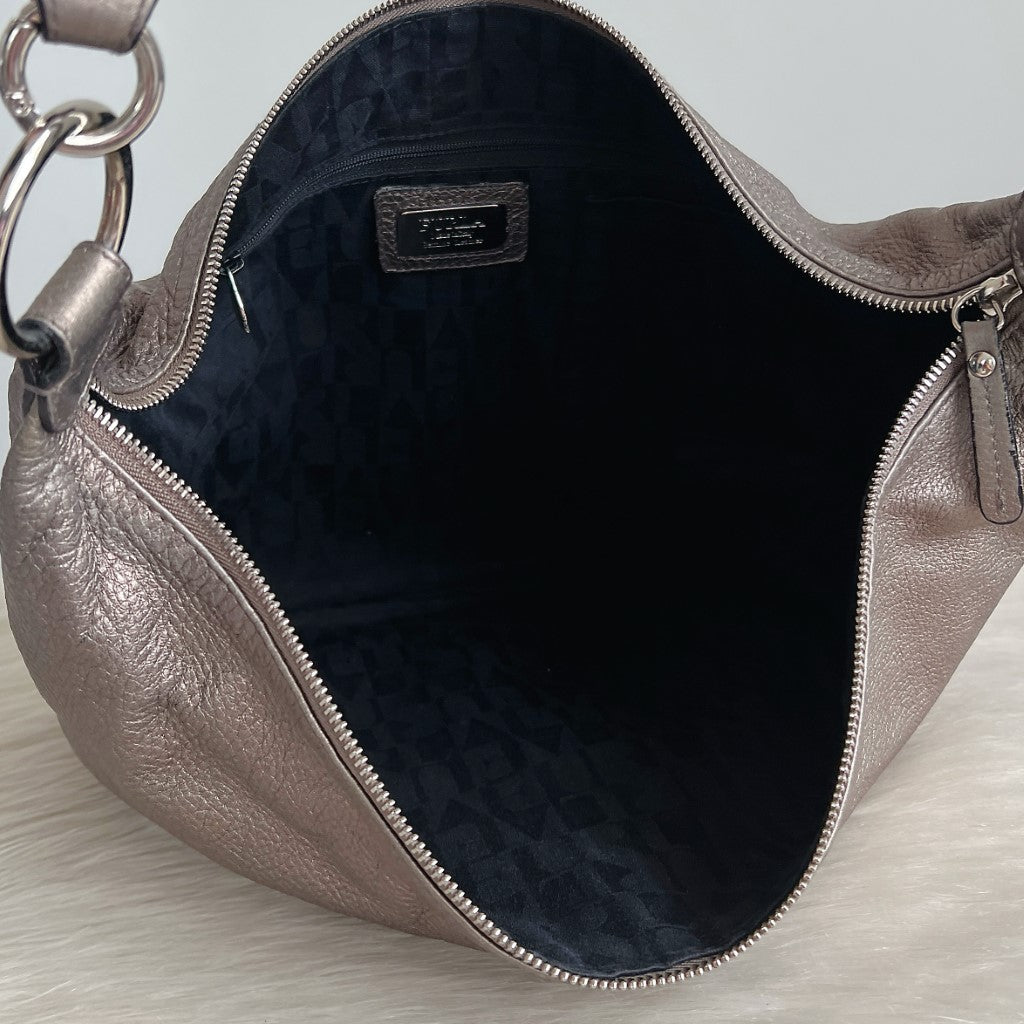 Furla Metallic Silver Leather Slouchy Crossbody Shoulder Bag