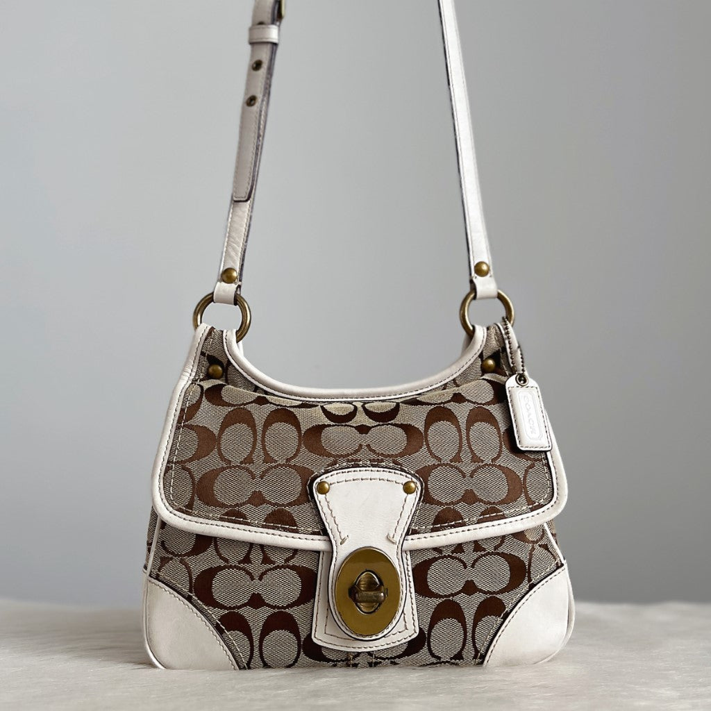 Coach White Leather Monogram Turn Lock Crossbody Shoulder Bag