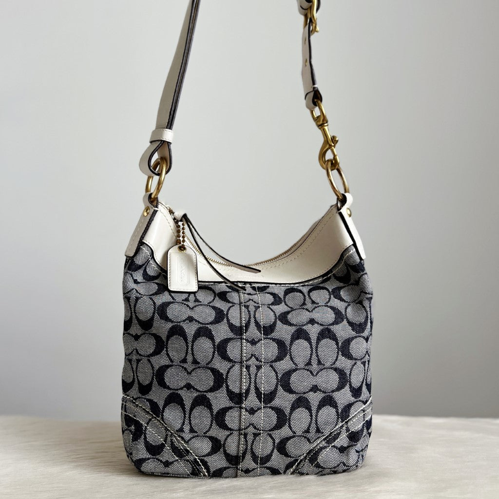 Coach Signature Monogram Denim Charm Detail Crossbody Shoulder Bag