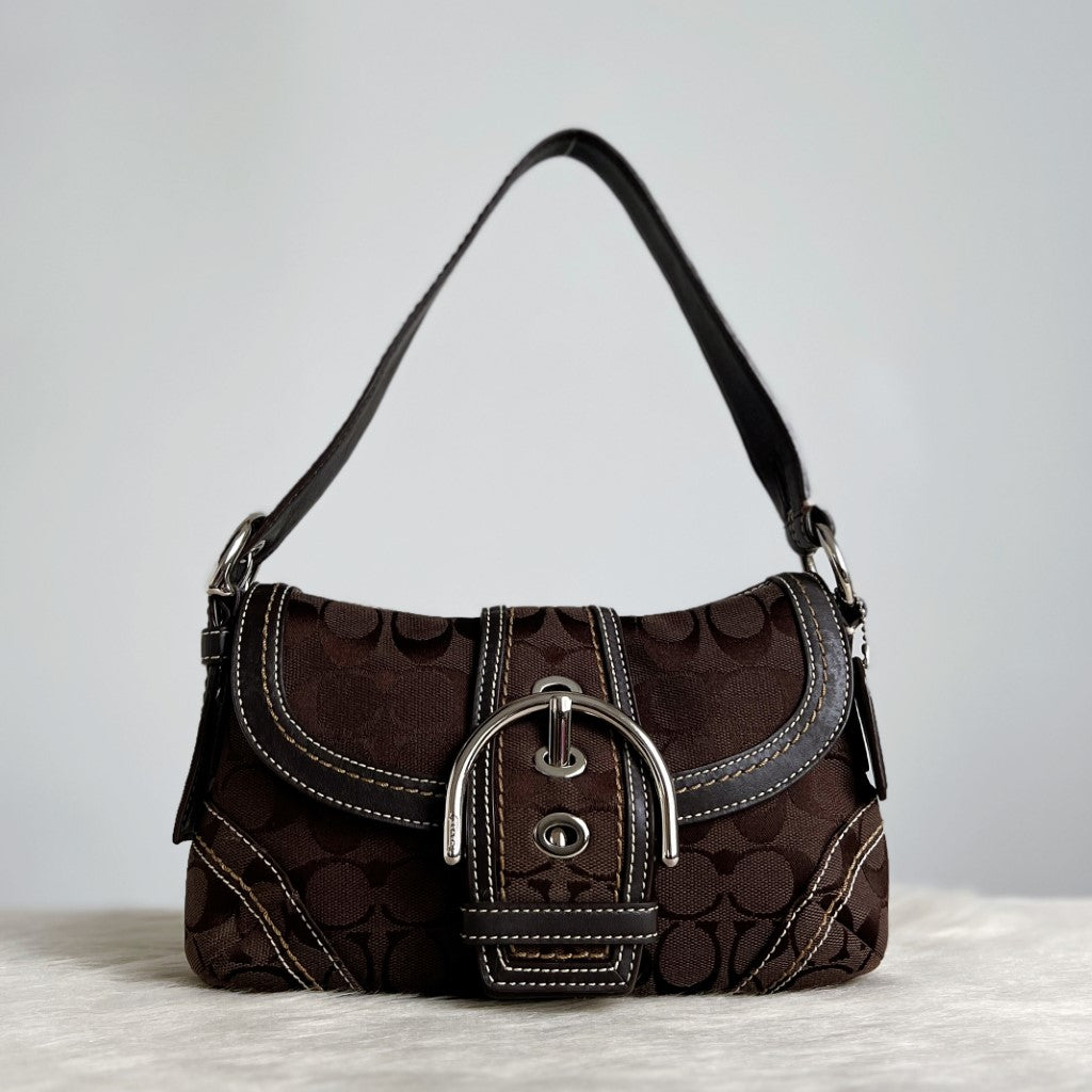 Coach Chocolate Monogram Large Buckle Detail Shoulder Bag