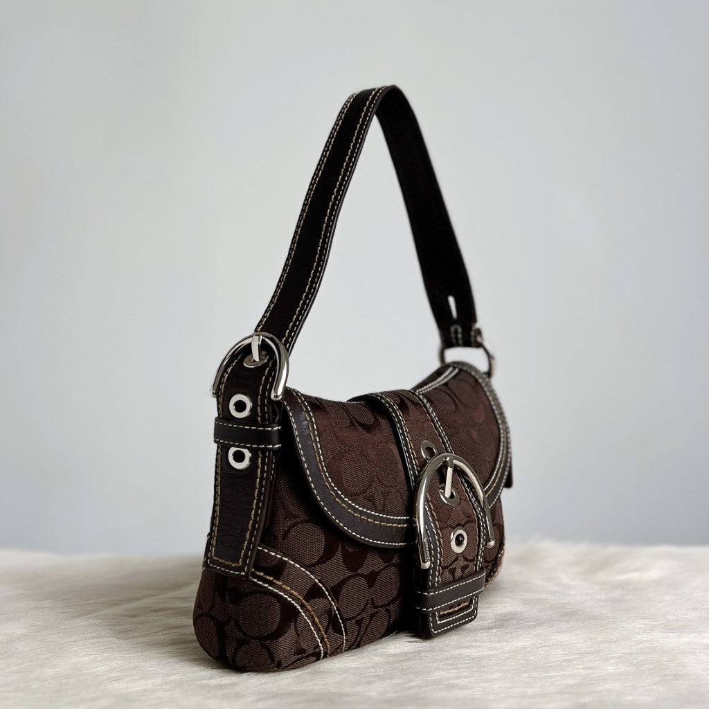 Coach Chocolate Monogram Large Buckle Detail Shoulder Bag