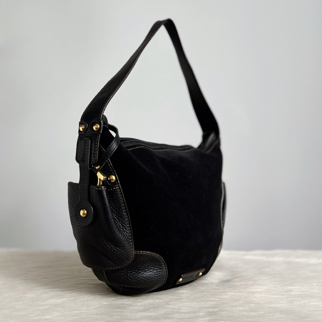 Salvatore Ferragamo Black Leather Suede Half Moon Shoulder Bag