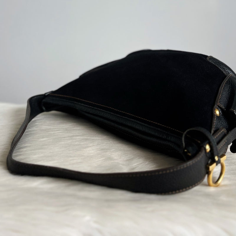Salvatore Ferragamo Black Leather Suede Half Moon Shoulder Bag