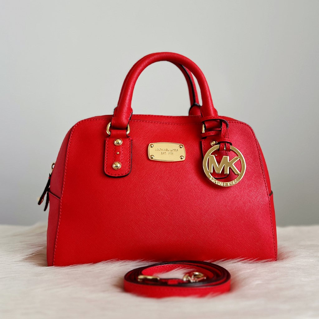 Michael Kors Bright Red Leather Boston Career 2 Way Shoulder Bag Excellent