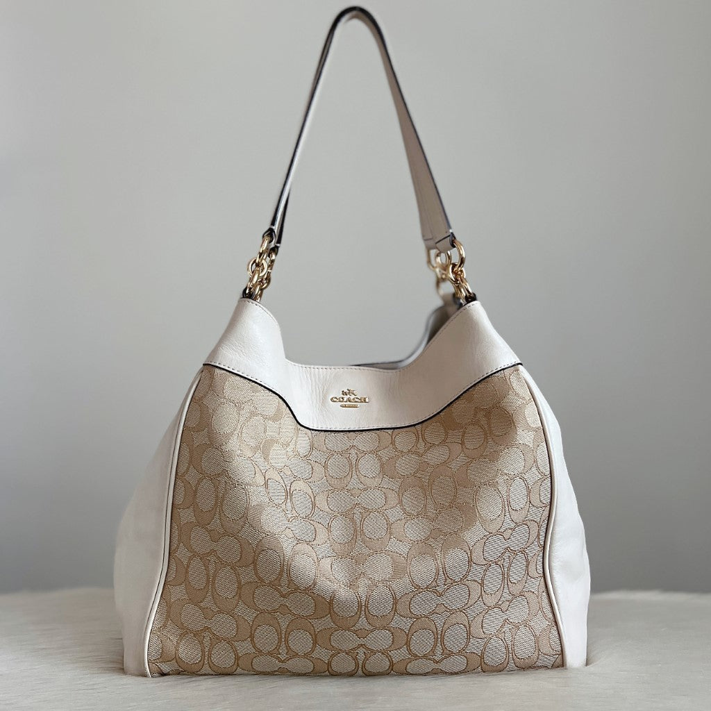 Coach Creamy Leather Patchwork Triple Compartment Shoulder Bag