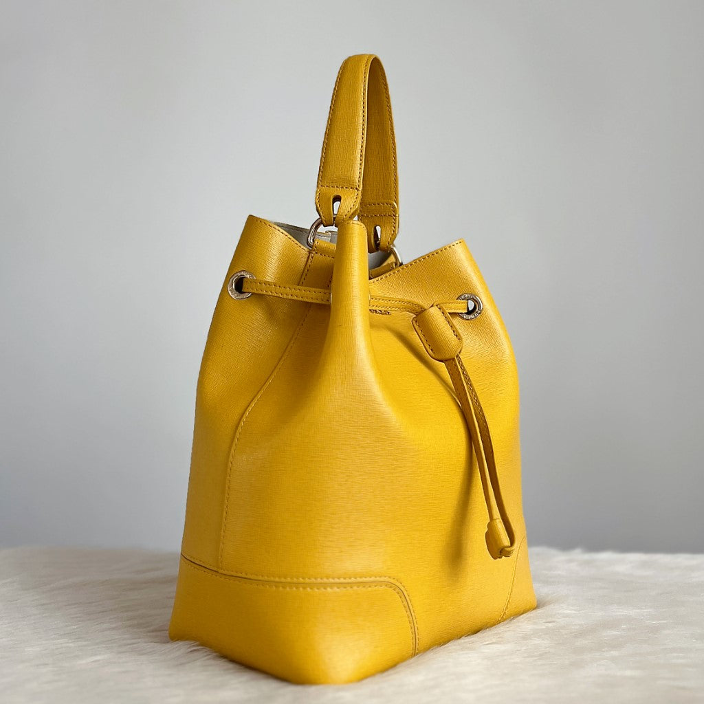 Furla Mustard Leather Drawstring Bucket 2 Way Shoulder Bag + Pouch Excellent