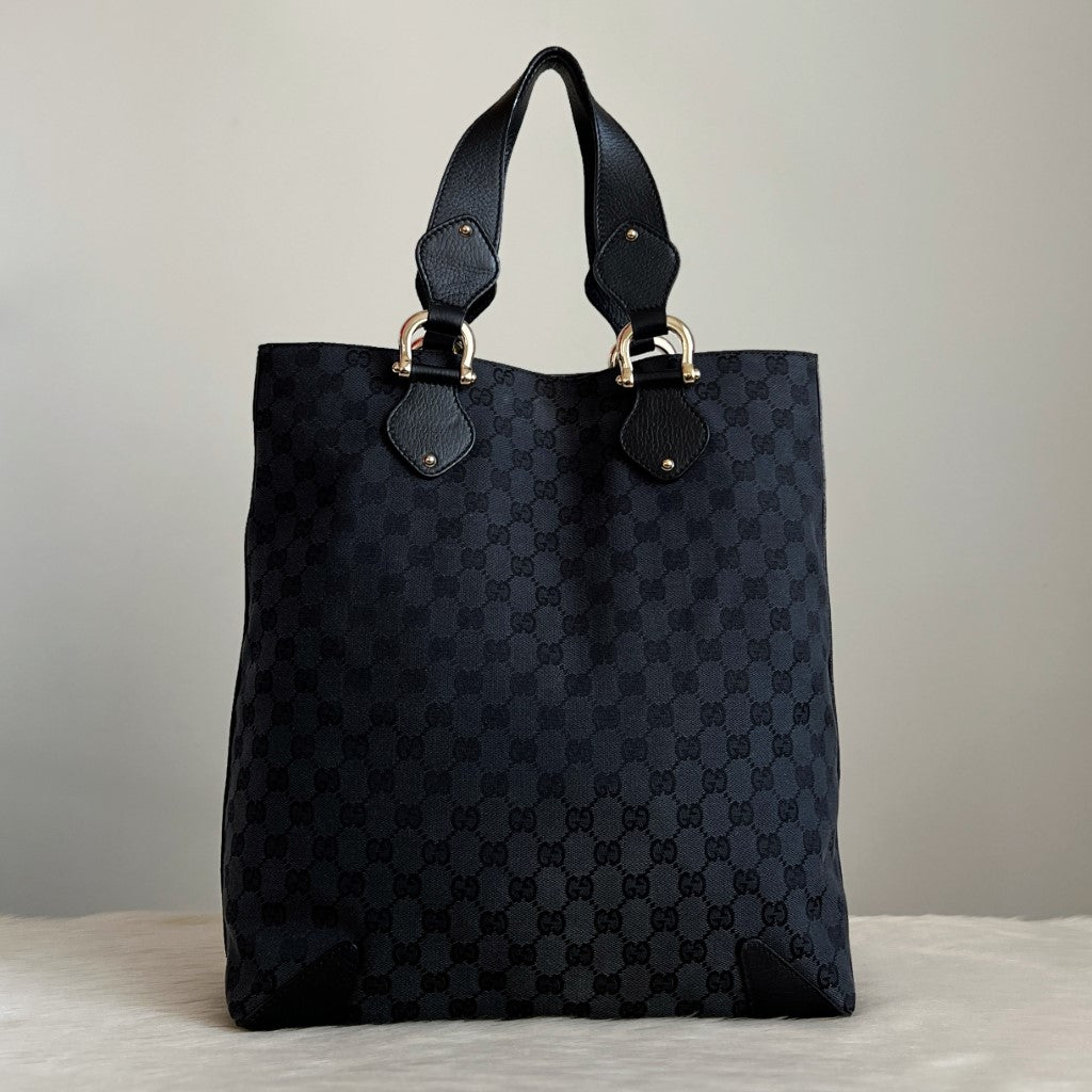 Gucci Black Double G Monogram Horsebit Ring Detail Large Shoulder Bag