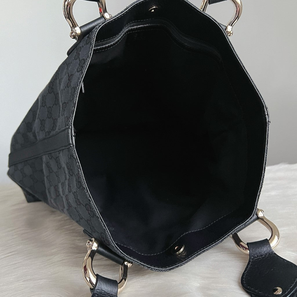 Gucci Black Double G Monogram Horsebit Ring Detail Large Shoulder Bag