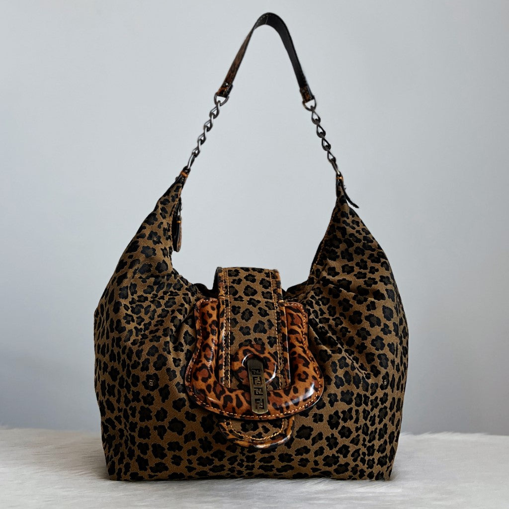 Fendi Signature Buckle Style Lepard Shoulder Bag Excellent