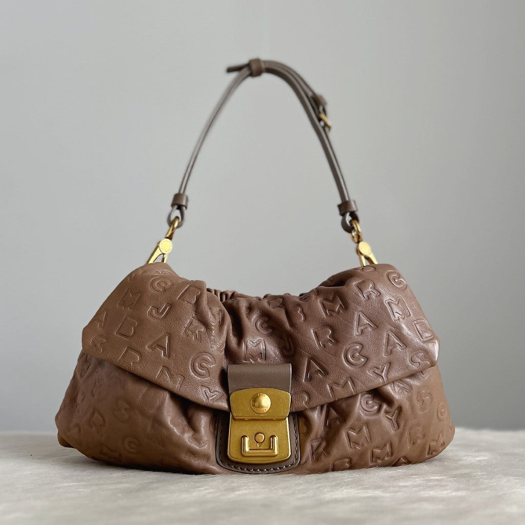 Marc Jacobs Taupe Leather Embossed Detail Shoulder Bag