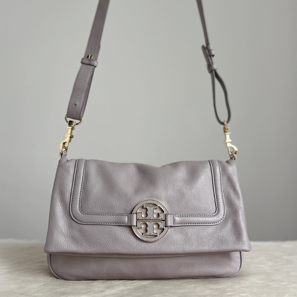 Tory Burch Grey Leather Front Logo Crossbody Shoulder Bag Like New