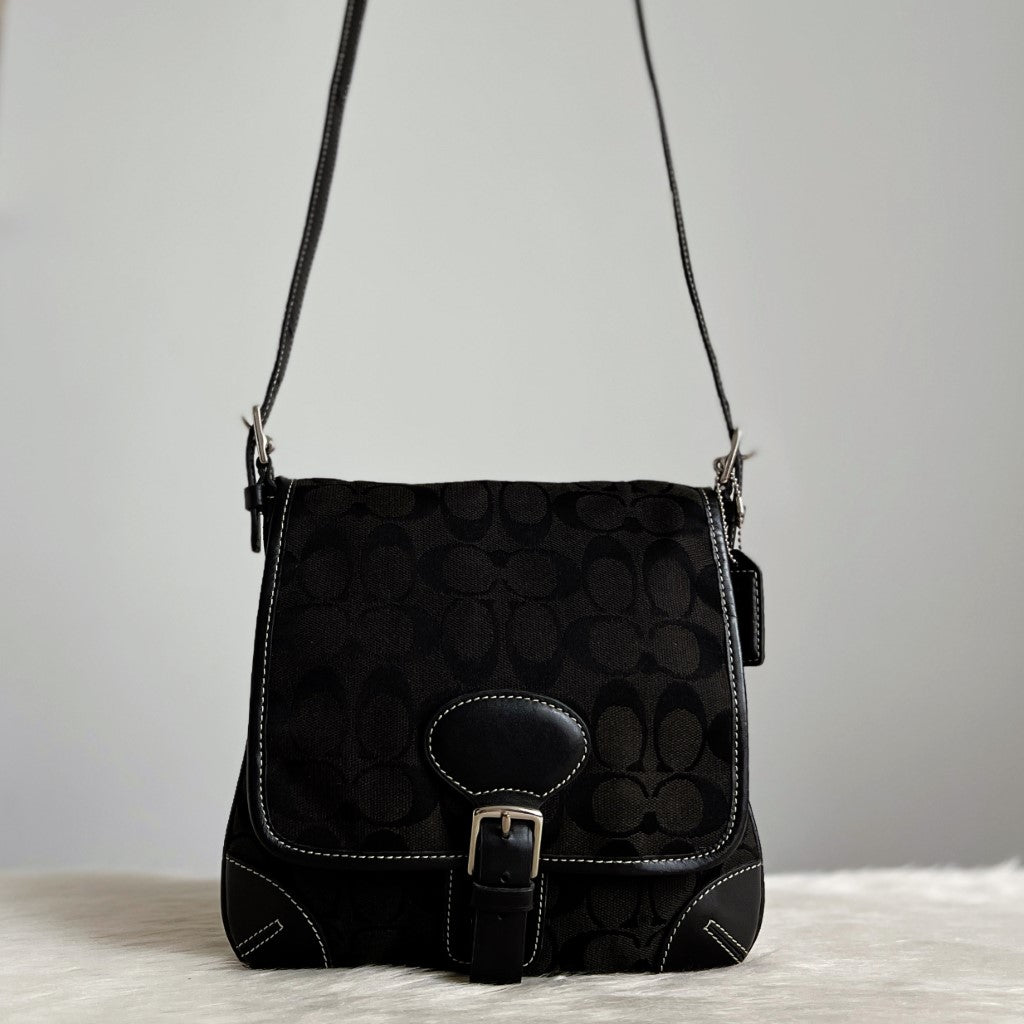 Coach Black Monogram Flap Buckle Detail Crossbody Shoulder Bag