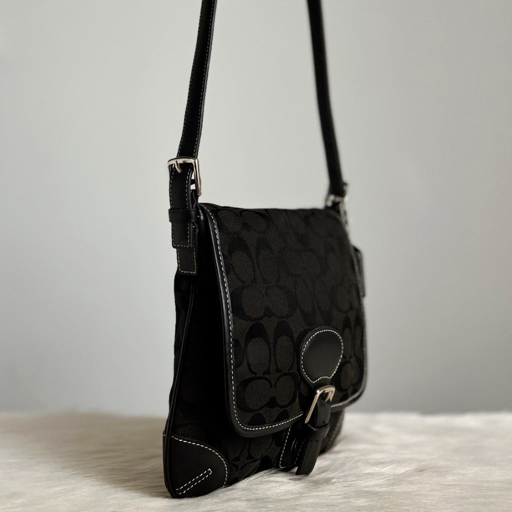 Coach Black Monogram Flap Buckle Detail Crossbody Shoulder Bag