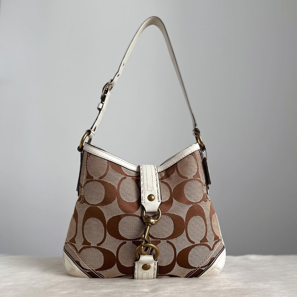 Coach White Leather Monogram Front Buckle Shoulder Bag