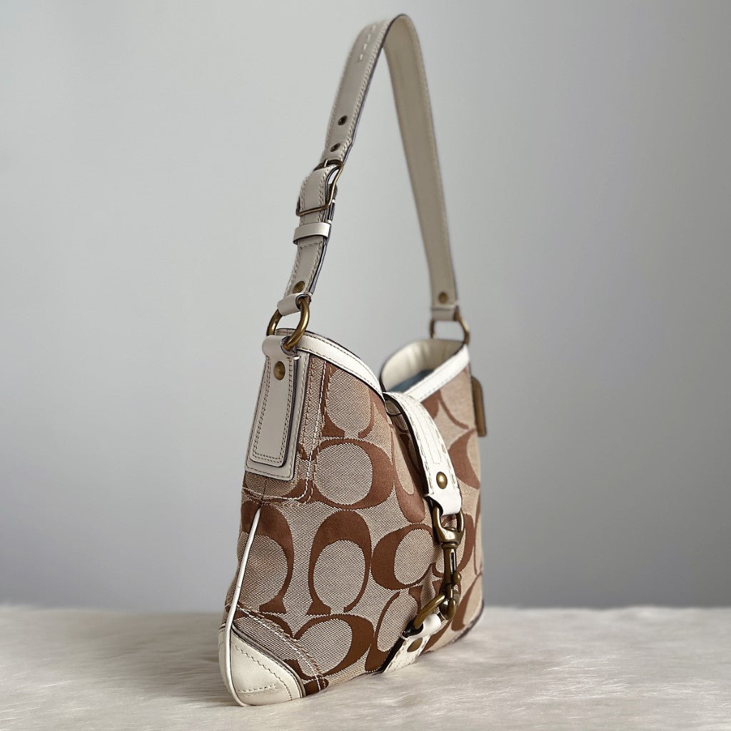 Coach White Leather Monogram Front Buckle Shoulder Bag