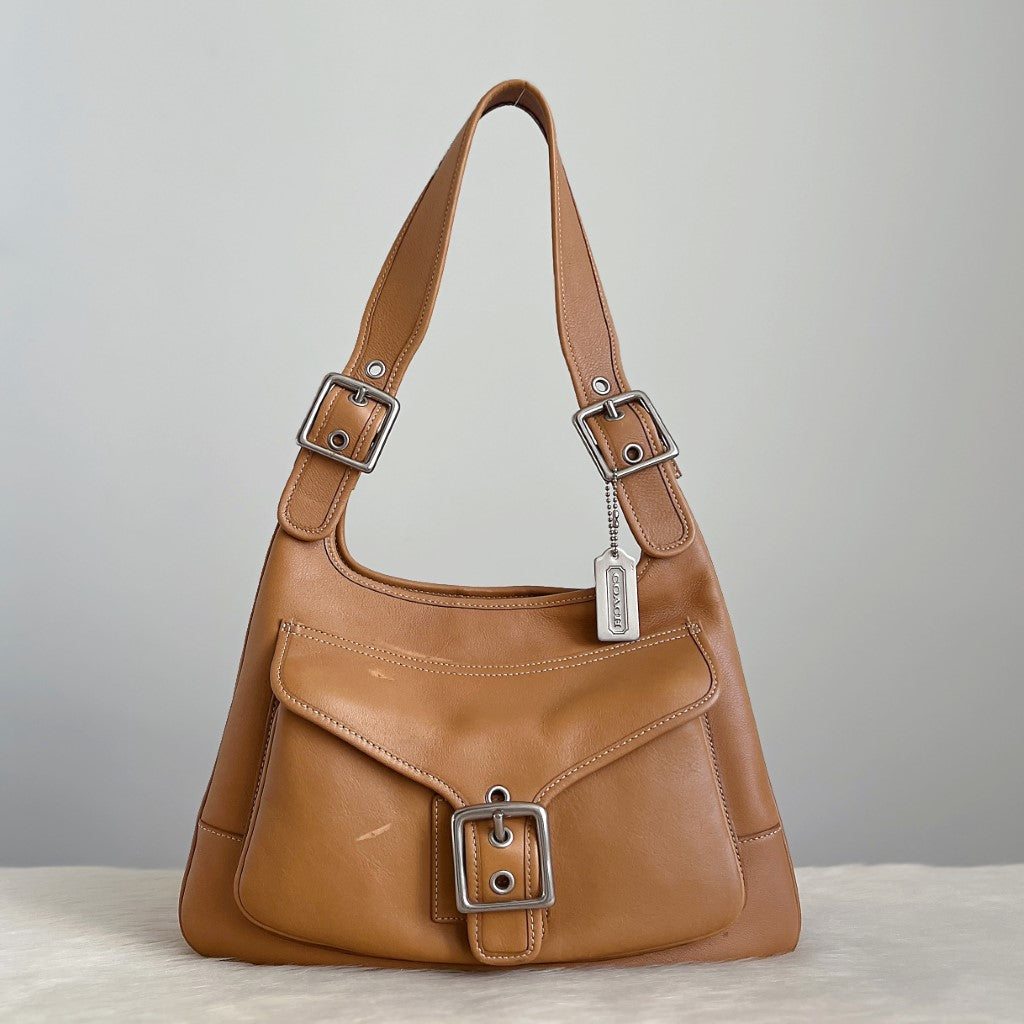 Coach Caramel Leather Front Buckle Pocket Shoulder Bag