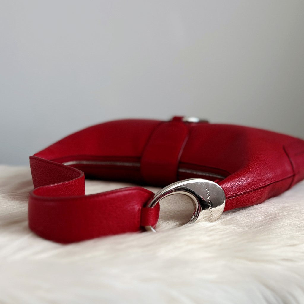 Bvlgari Red Leather Front Ring Classic Shoulder Bag