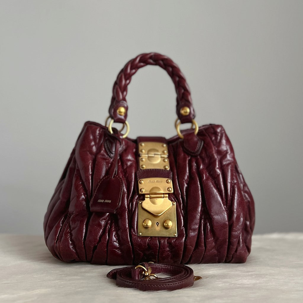 Miu Miu Shiny Maroon Leather Nappa Buckle 2 Way Shoulder Bag