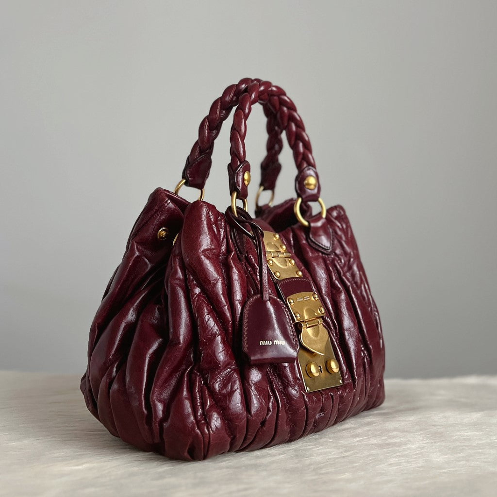 Miu Miu Shiny Maroon Leather Nappa Buckle 2 Way Shoulder Bag