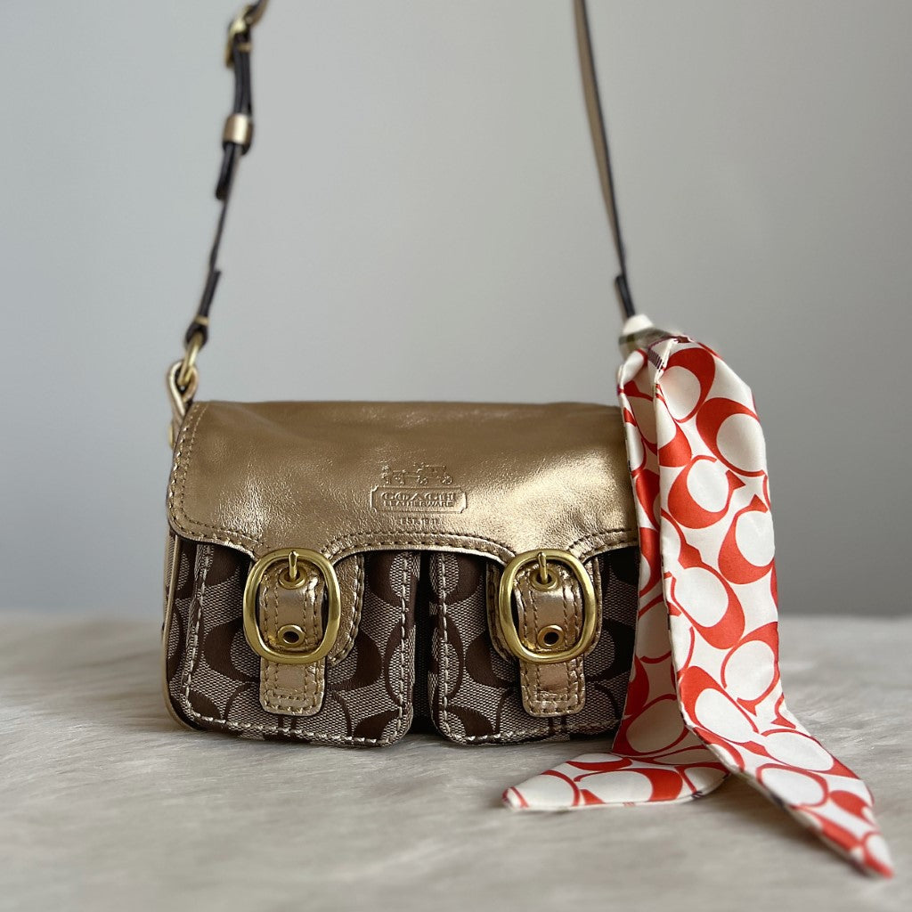 Coach Gold Leather Monogram Scarf Detail Crossbody Shoulder Bag