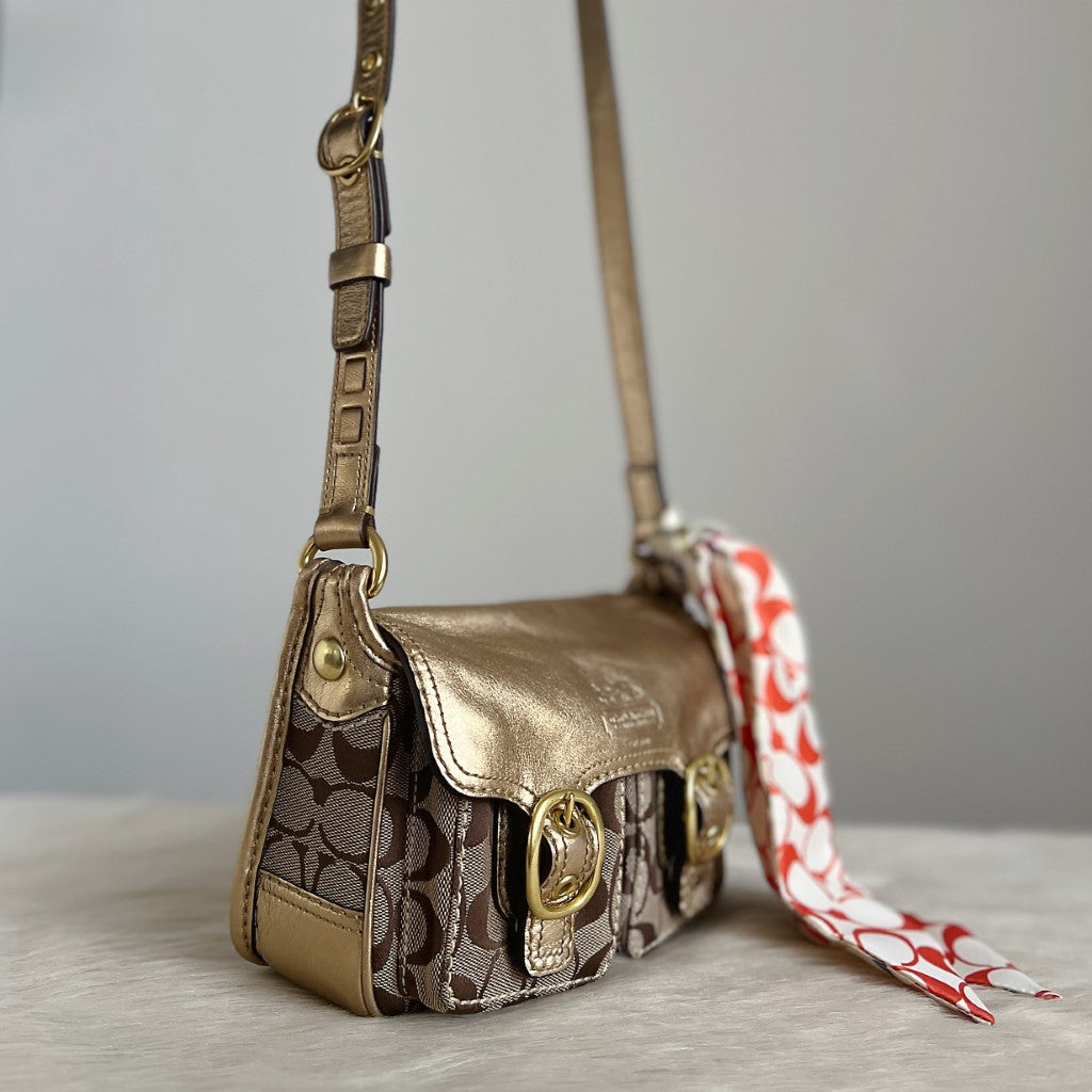 Coach Gold Leather Monogram Scarf Detail Crossbody Shoulder Bag