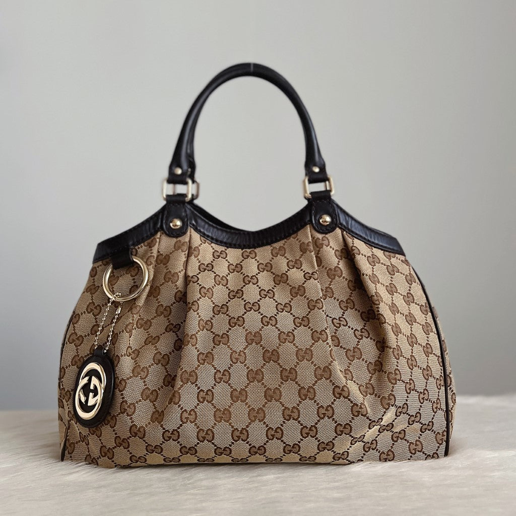 Gucci Signature Double G Chocolate Leather Trim Shoulder Bag