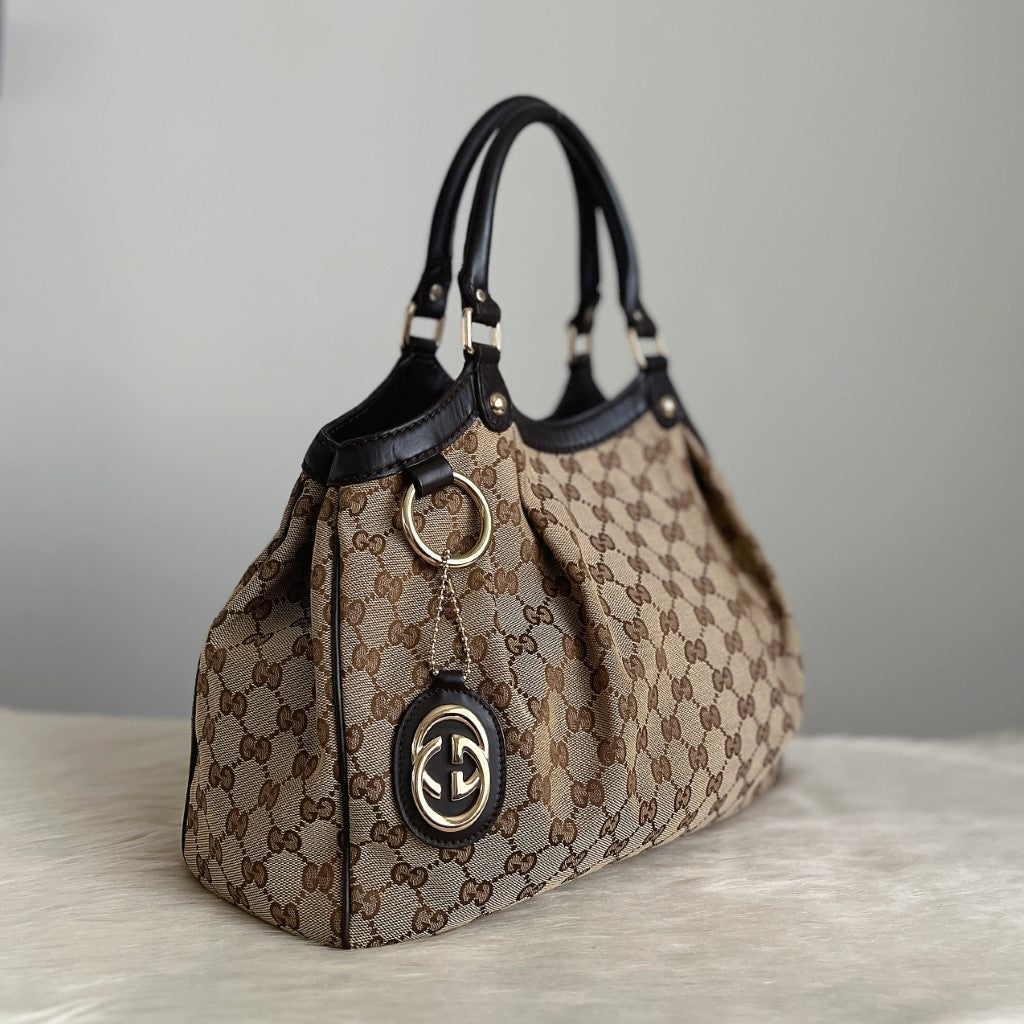 Gucci Signature Double G Chocolate Leather Trim Shoulder Bag