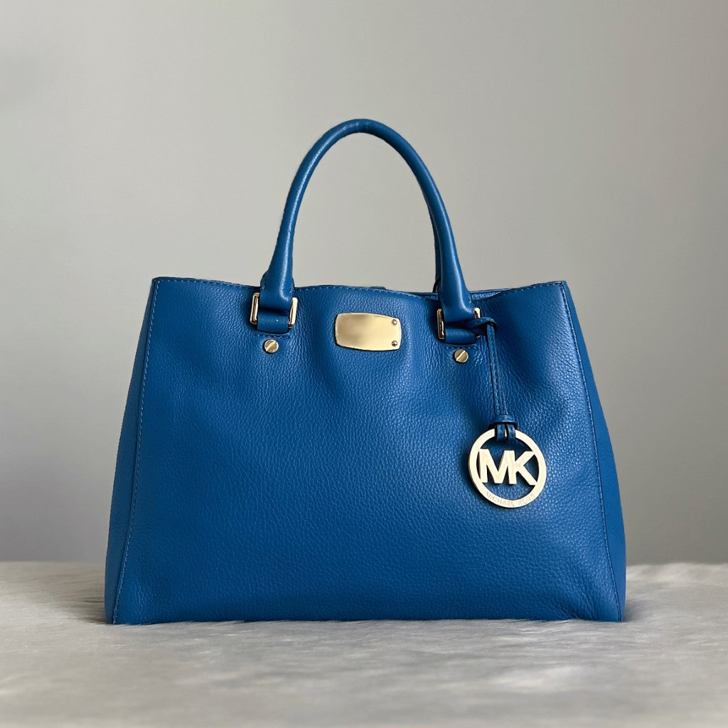 Michael Kors Blue Leather MK Charm Triple Compartment Tote Bag