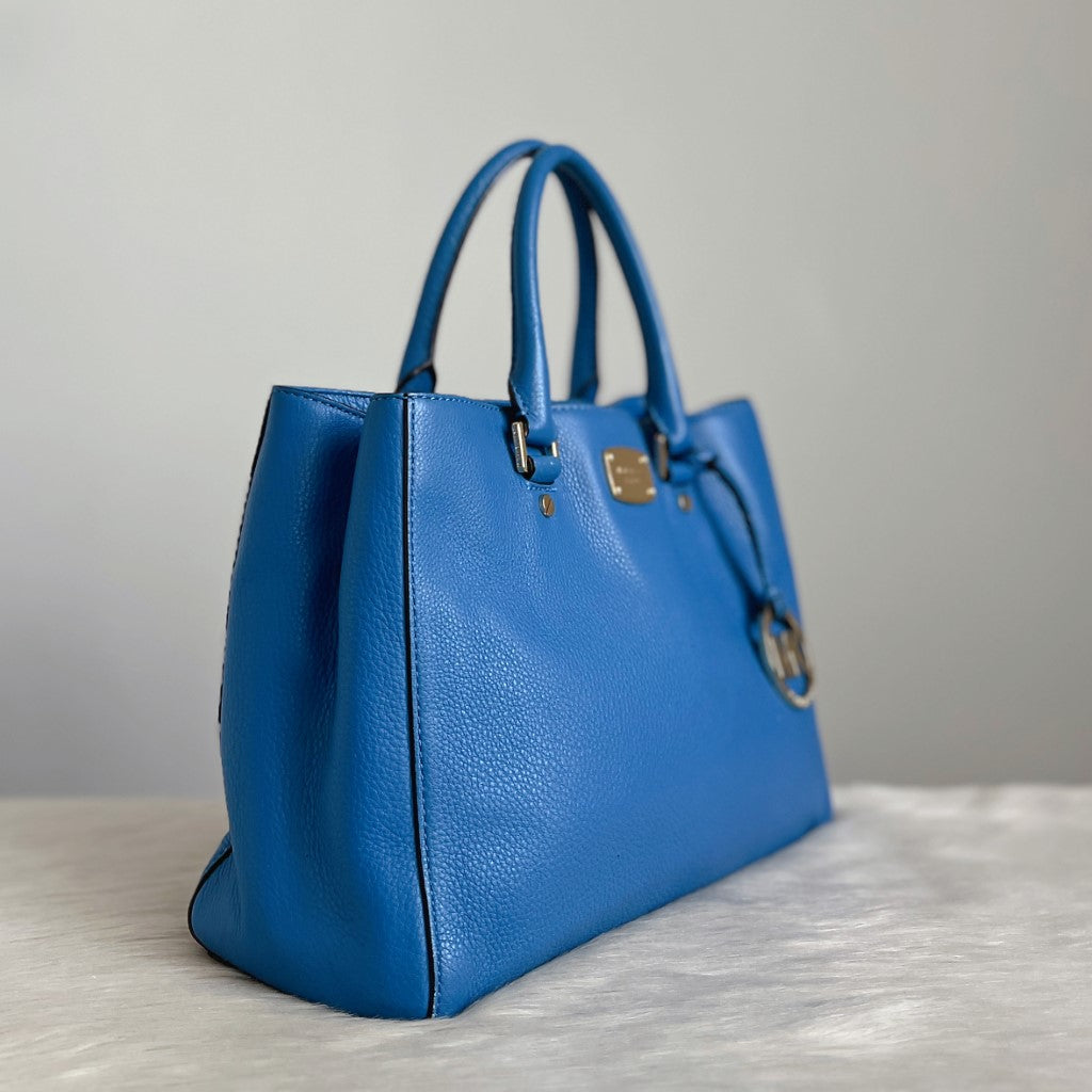 Michael Kors Blue Leather MK Charm Triple Compartment Tote Bag