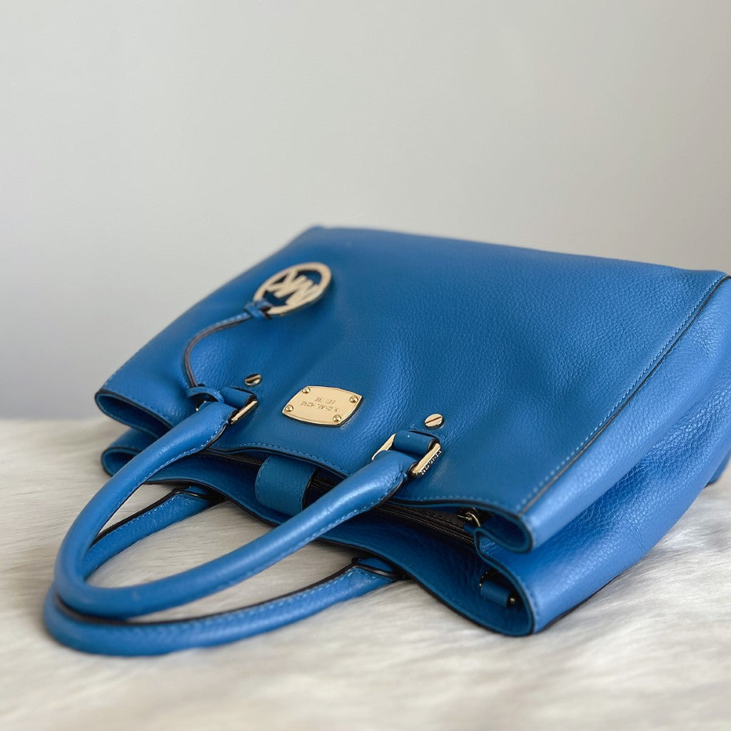 Michael Kors Blue Leather MK Charm Triple Compartment Tote Bag