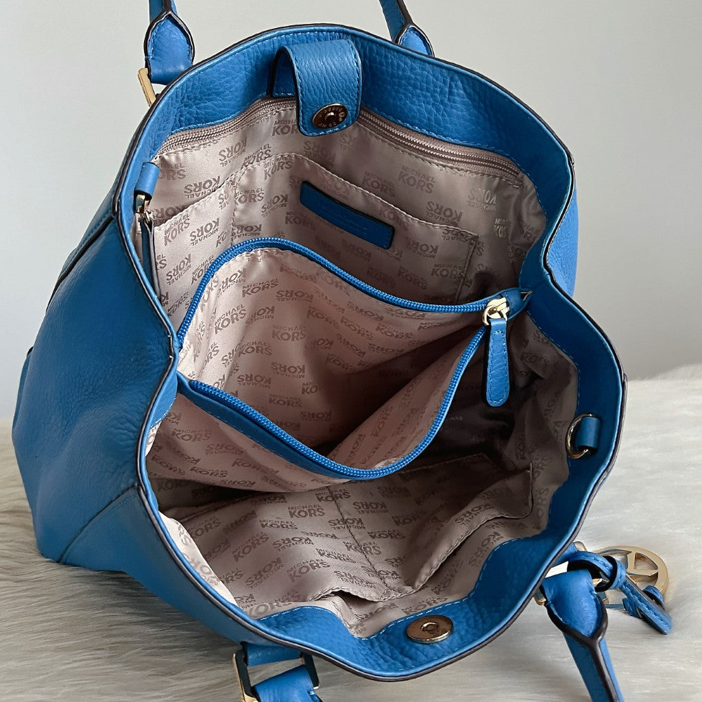 Michael Kors Blue Leather MK Charm Triple Compartment Tote Bag