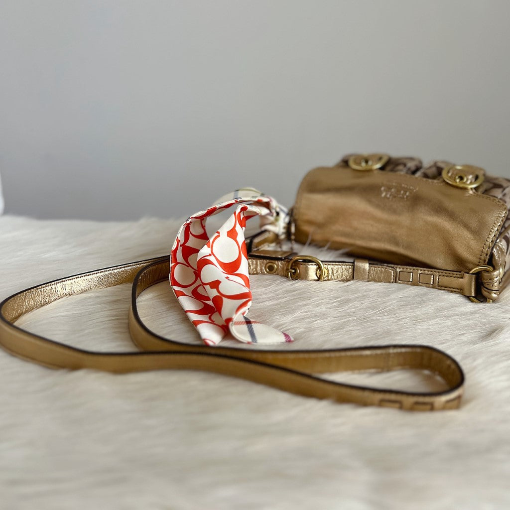 Coach Gold Leather Monogram Scarf Detail Crossbody Shoulder Bag