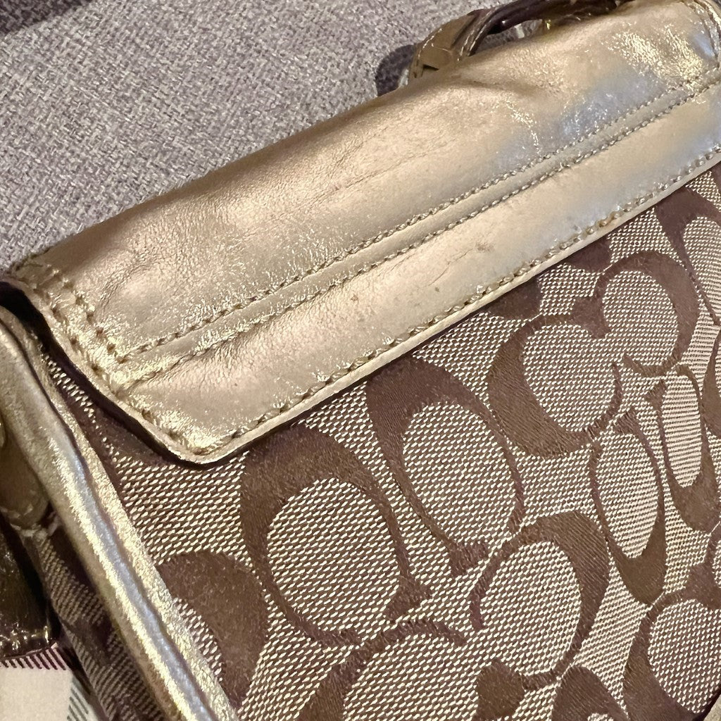 Coach Gold Leather Monogram Scarf Detail Crossbody Shoulder Bag