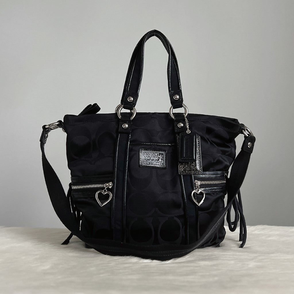 Coach Black Monogram Heart Zip Detail 2 Way Shoulder Bag