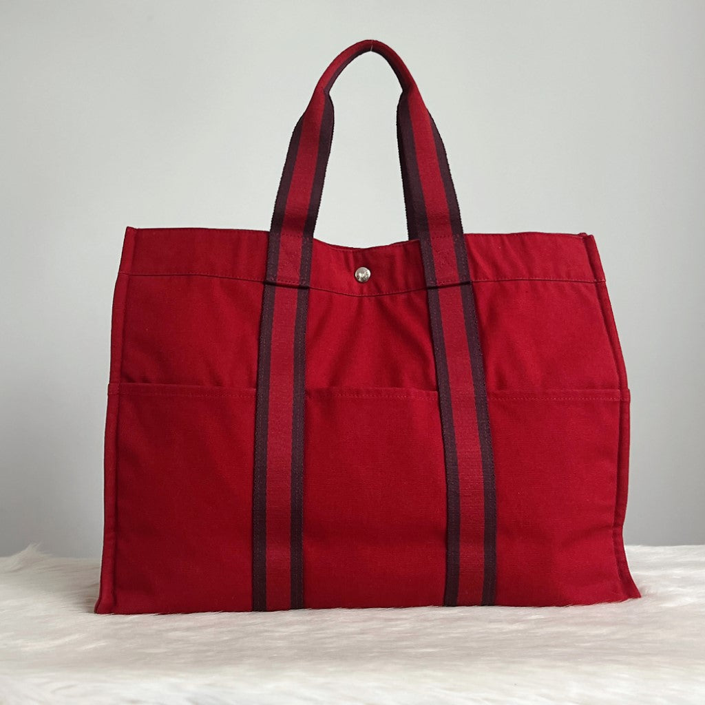 Hermes Red Signature Stripe Detail Large Canvas Shoulder Bag