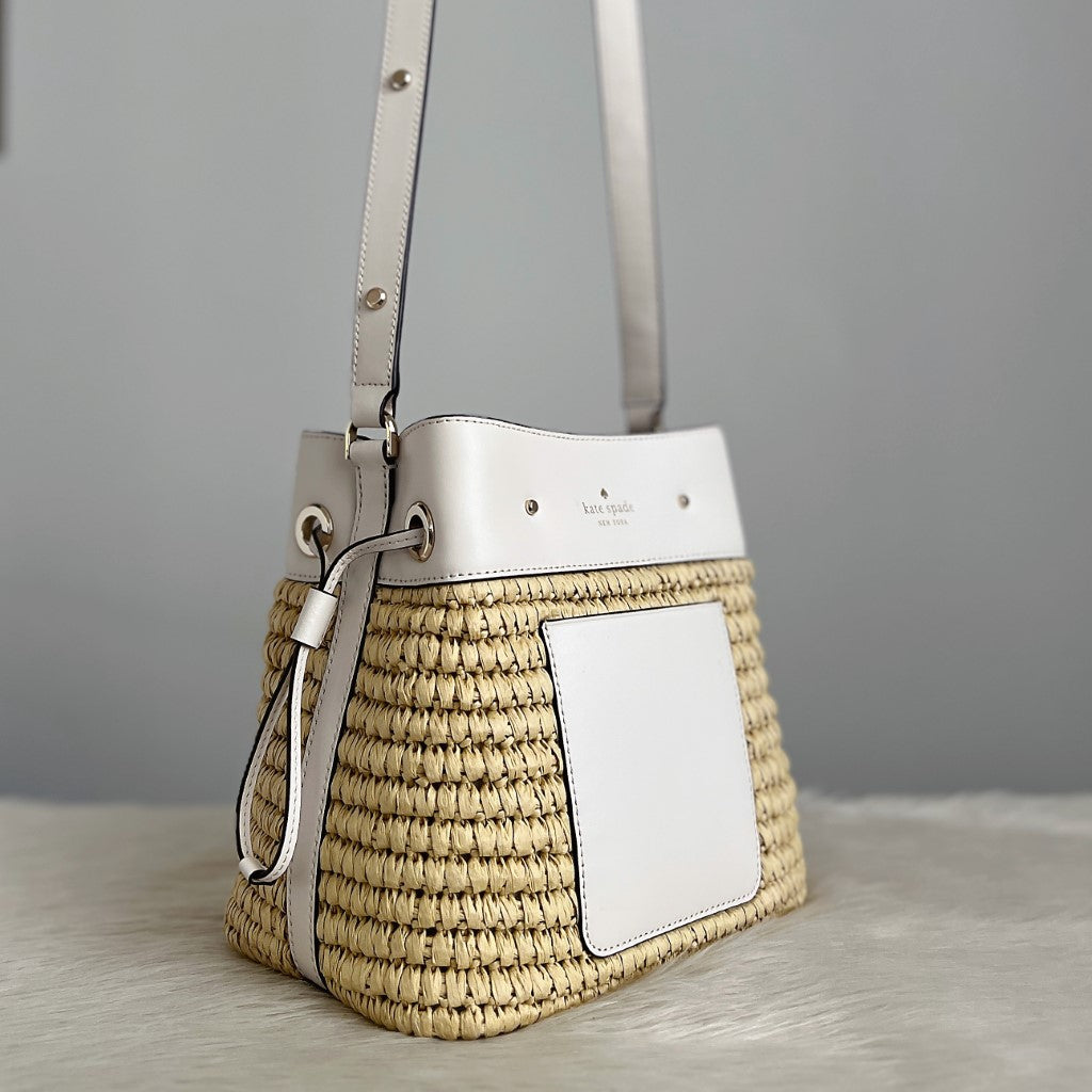 Kate Spade White Leather Straw Patchwork Bucket Shoulder Bag Like New