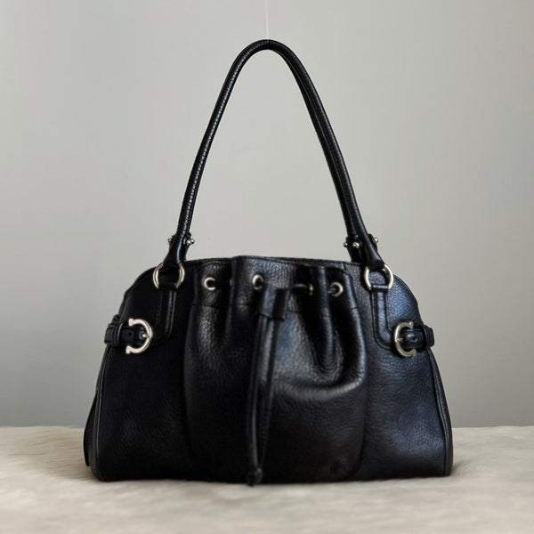 Salvatore Ferragamo Black Leather Drawstring Triple Compartment Shoulder Bag Like New